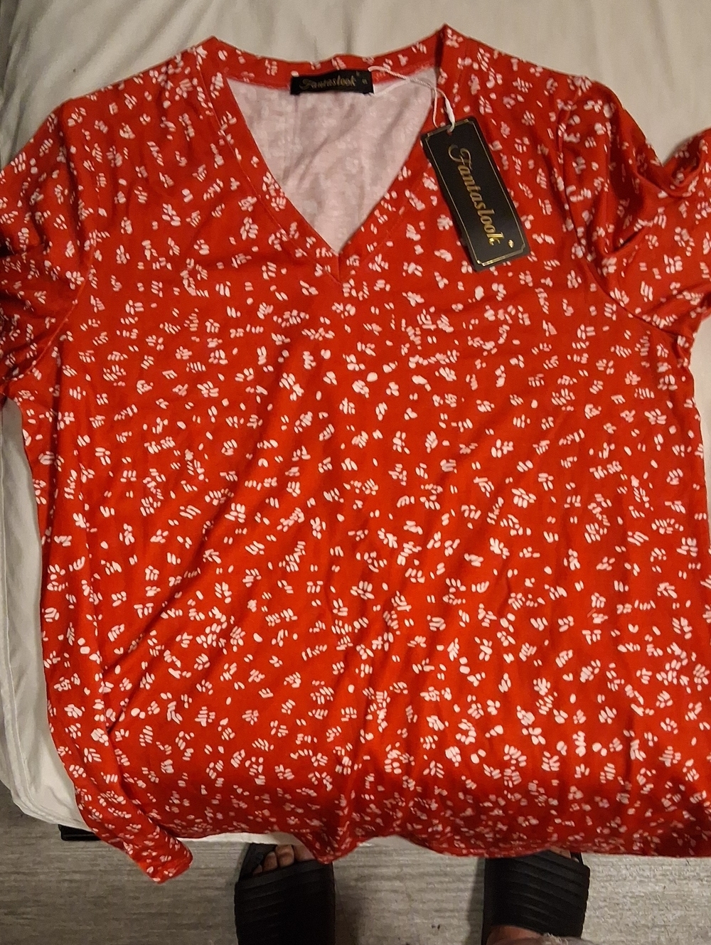 Tansilook Red V-Neck Short Sleeve Tee with White Dot Print